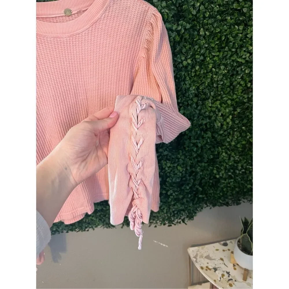 Free People Tasha Pastel Pink Waffle Knit Top Size Large